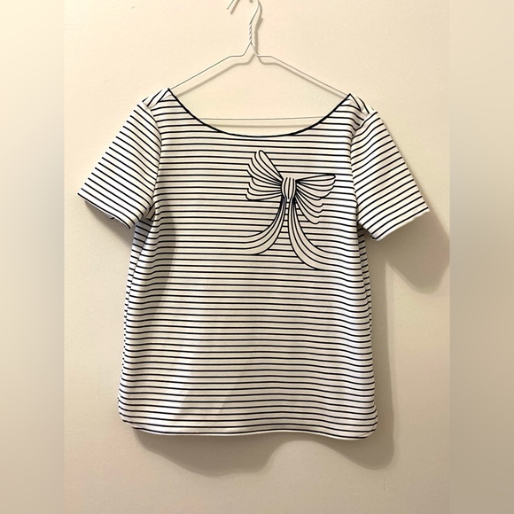 Navy striped boat neck short sleeve shirt with bow print - Picture 2 of 6